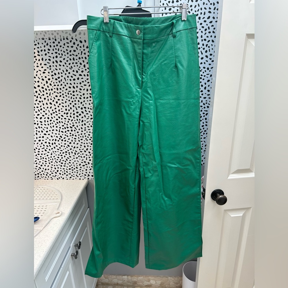 Green faux leather pants.
